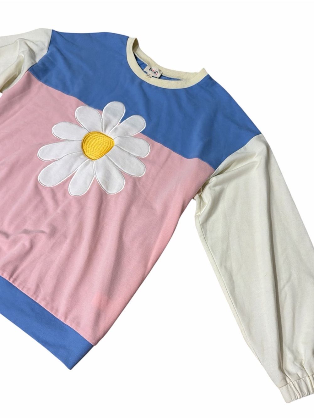 BIBI NWOT Daisy Appliqué Colorblock Pullover - Pink, Blue, Cream